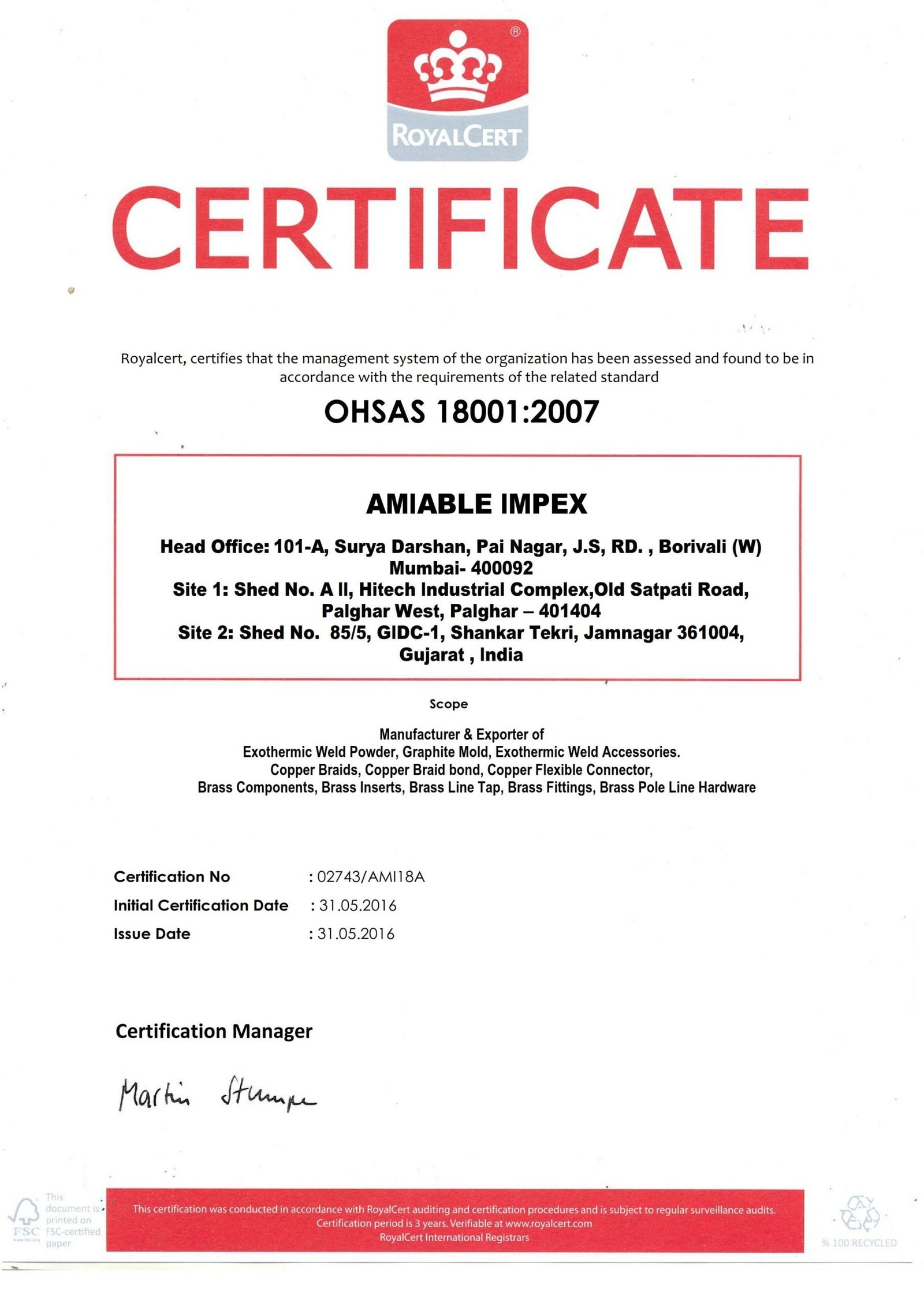 Exothermic Welding Certificates OHSAS scaled 2 - Certificate